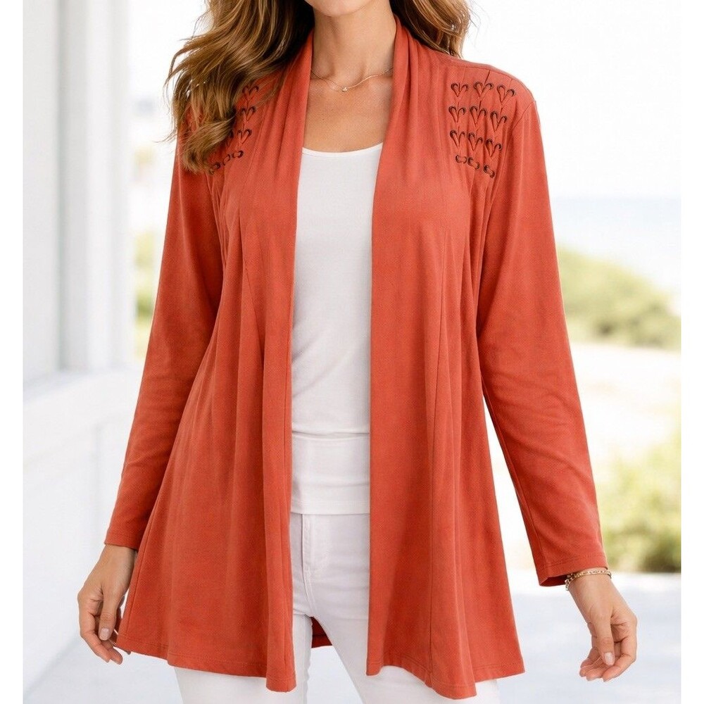Dressbarn Woman Open Cardigan Size 18/20 coral orange moleskin soft long sleeve